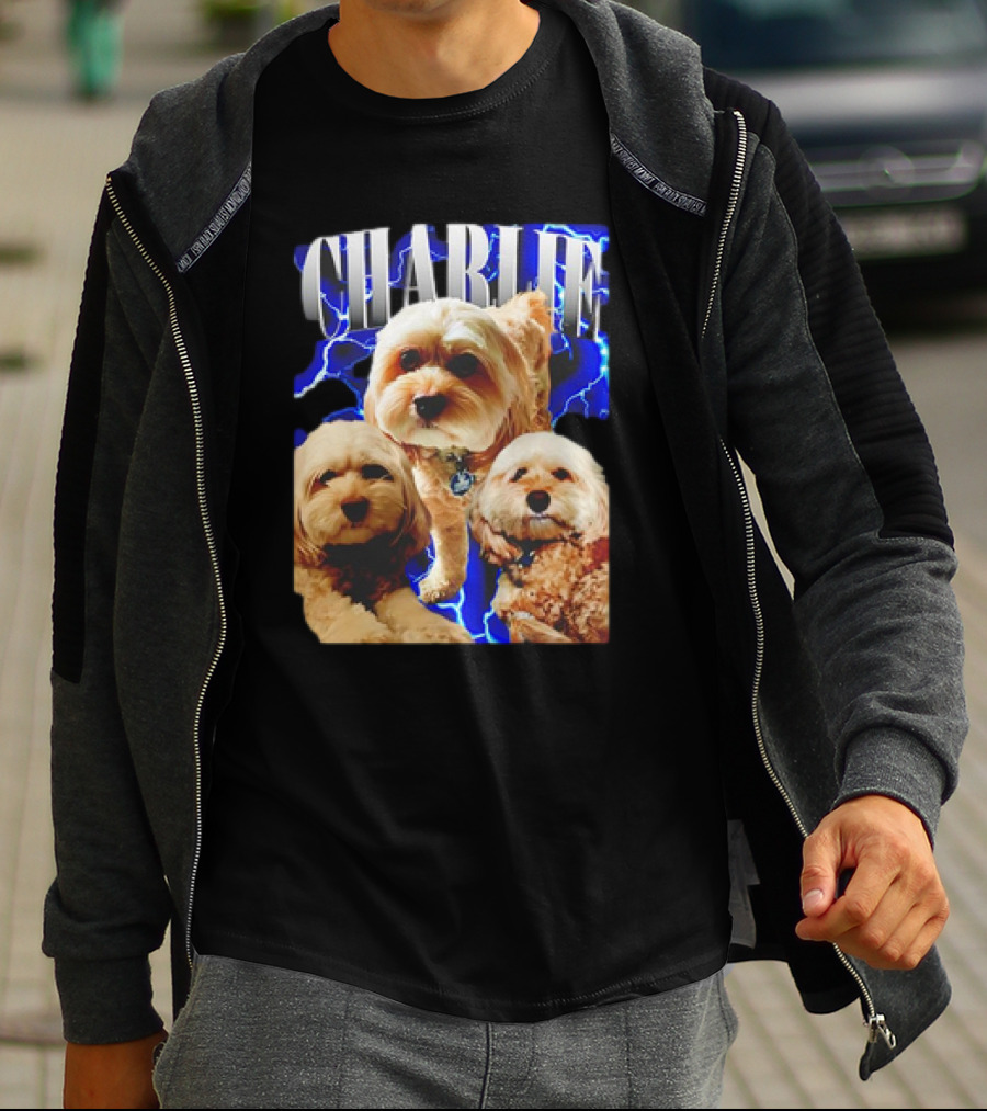 Charlie Three Dogs Blue Lightning Background T-Shirt
