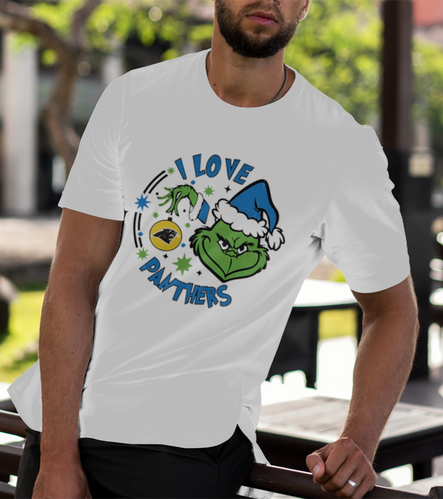 Carolina Panthers X Santa Grinch I Love Panthers Christmas Ornament Green Grinch Blue Santa Hat T-Shirt