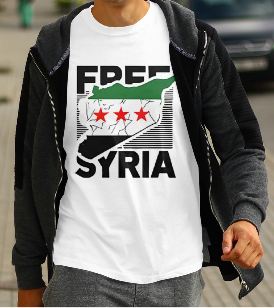 Free Syria Map With Flag Stripes And Red Stars T-Shirt