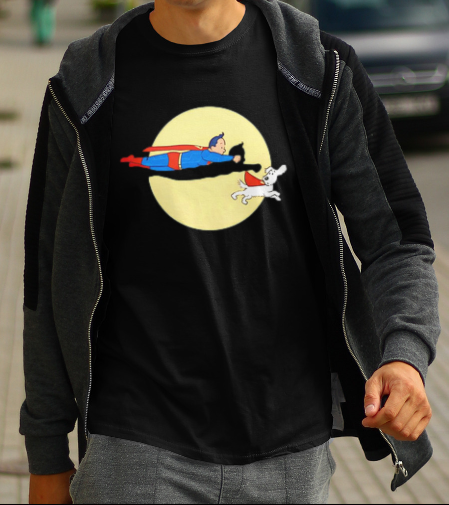 Superman And Krypto X The Adventures Of Tintin Super Tintin Flying Duo Moon Background T-Shirt