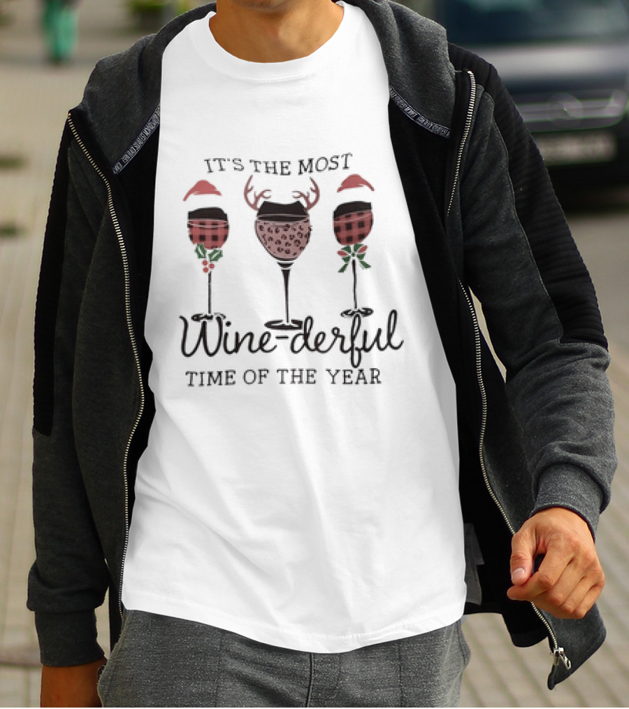 It's The Most Wine-derful Time Of The Year Christmas Wine Glasses With Santa Hats And Antlers T-Shirt