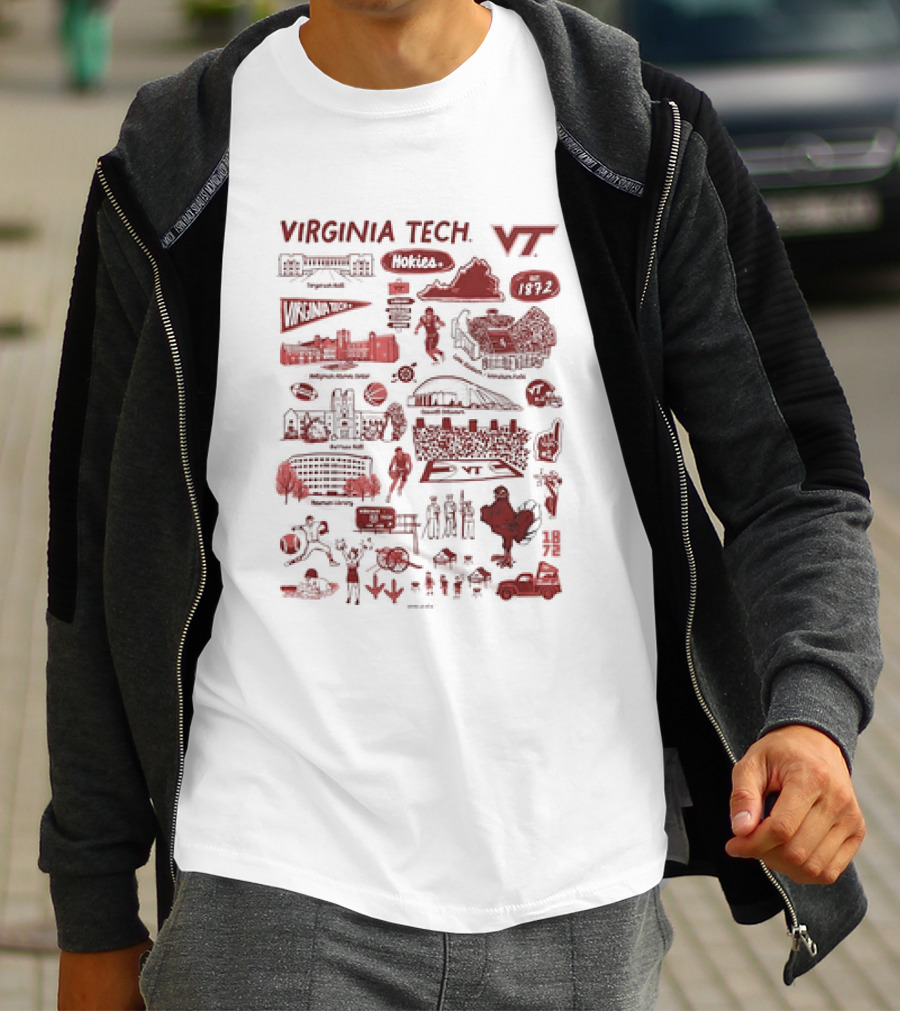 Virginia Tech Hokies VT 1872 Campus Map Lane Stadium Blacksburg Basketball Football HokieBird Burruss Hall Memorial Chapel Torgersen Bridge Monorail Library T-Shirt
