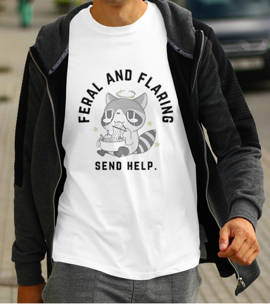 Feral And Flaring Raccoon Send Help Eating Noodles T-Shirt