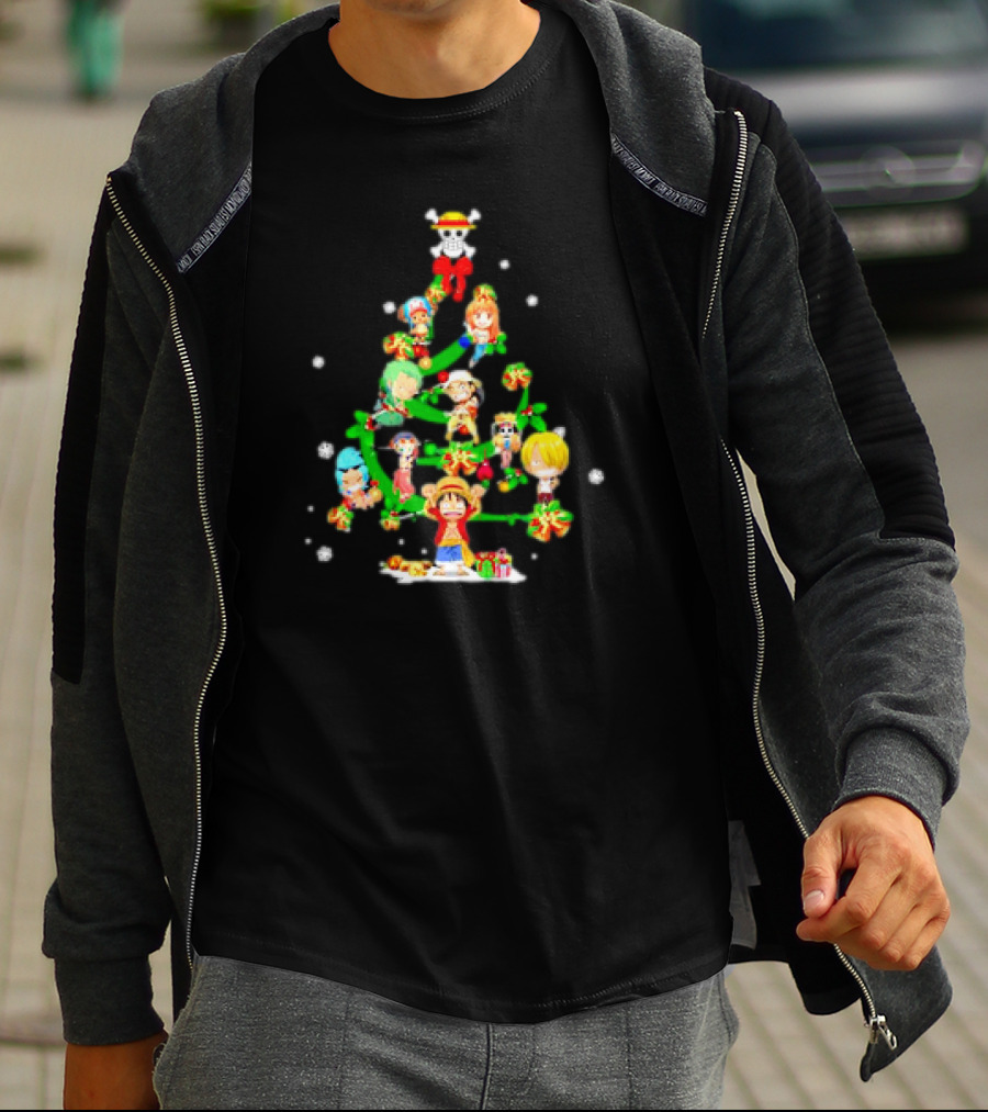 One Piece Chibi Characters Decorate Christmas Tree With Straw Hat Skull Topper T-Shirt