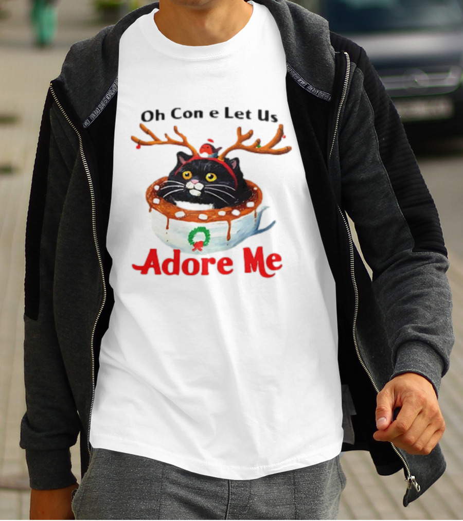Oh Come Let Us Adore Me Cat In Reindeer Antlers T-Shirt