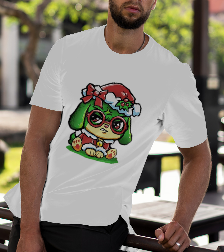 Grumpy Dog In Santa Hat With Holly And Bow For Christmas Holiday T-Shirt
