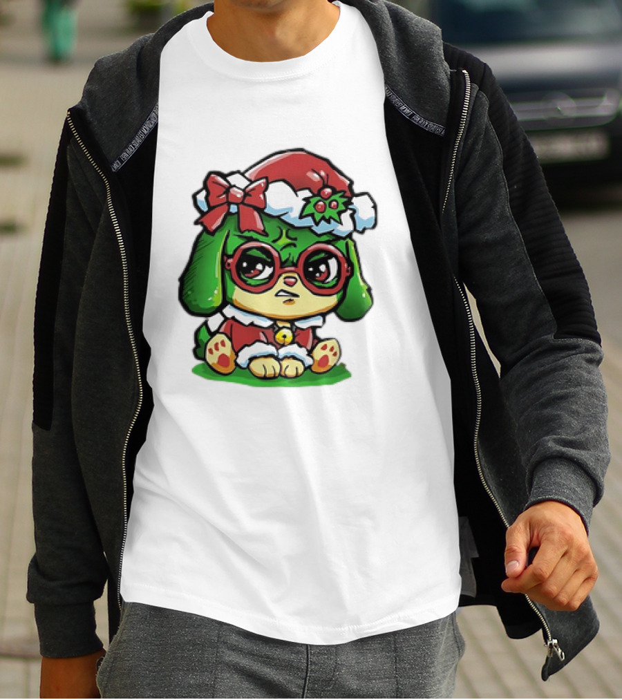Grumpy Dog In Santa Hat With Holly And Bow For Christmas Holiday T-Shirt