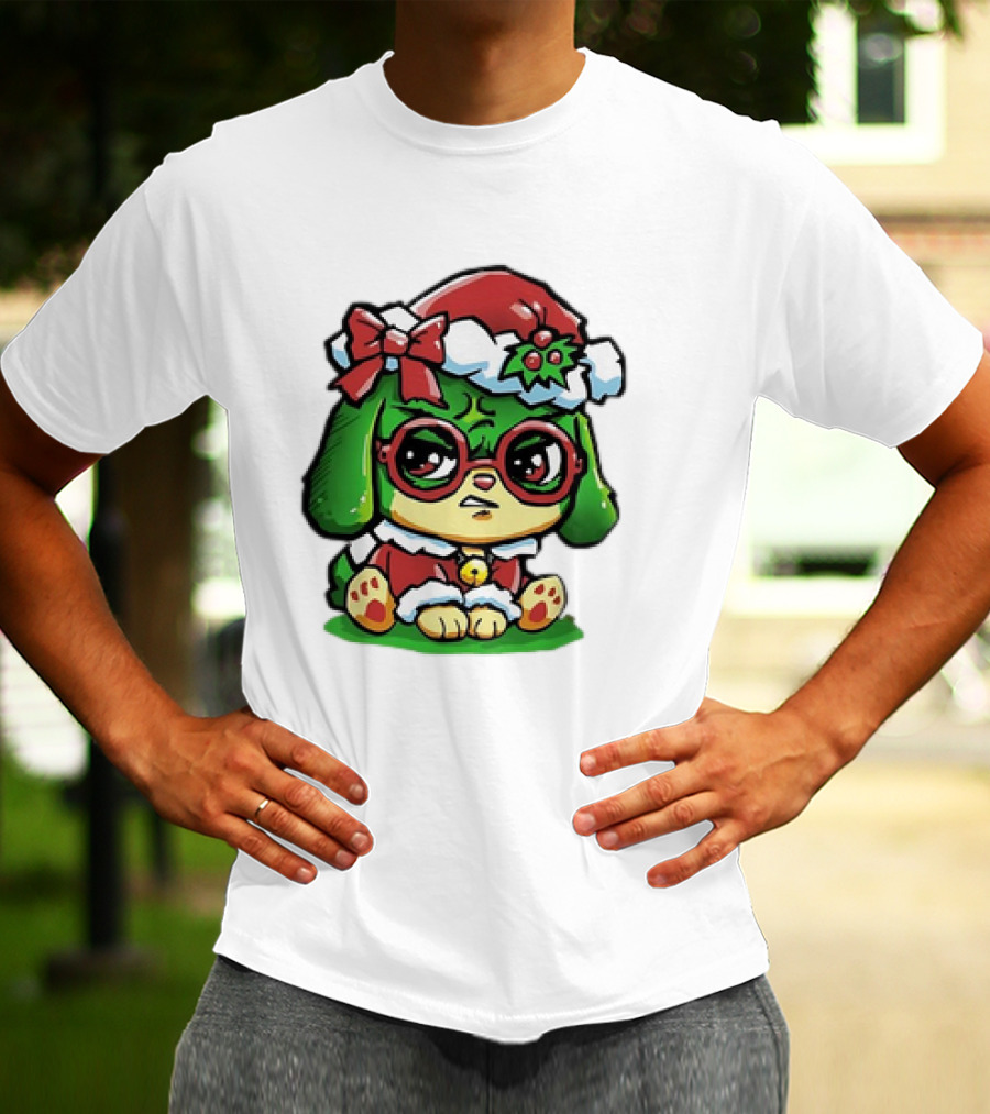 Grumpy Dog In Santa Hat With Holly And Bow For Christmas Holiday T-Shirt
