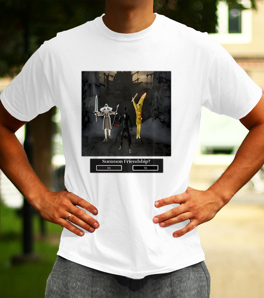 Summon Friendship? Yes No Characters With Swords And Wings T-Shirt