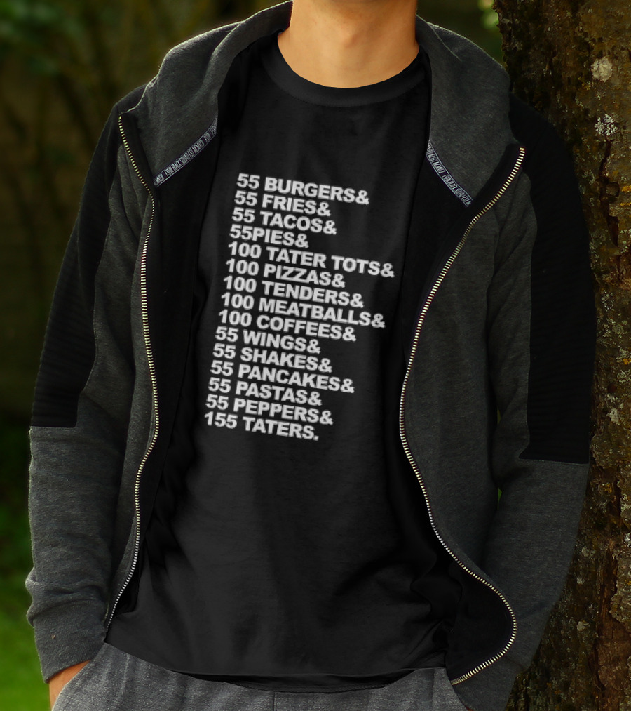 55 Burgers 55 Fries 55 Tacos 55 Pies 100 Tater Tots 100 Pizzas 100 Tenders 100 Meatballs 100 Coffees 55 Wings 55 Shakes 55 Pancakes 55 Pastas 55 Peppers 155 Taters T-Shirt