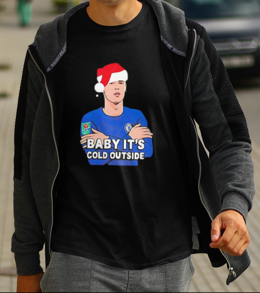 Baby It's Cold Outside Santa Hat Footballer In Blue T-Shirt