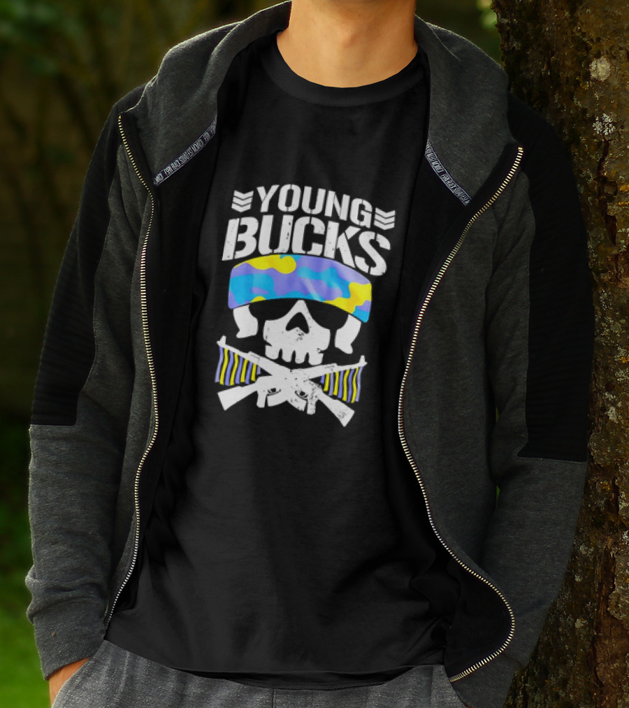 Young Bucks Skull With Camo Headband And Crossed Rifles T-Shirt