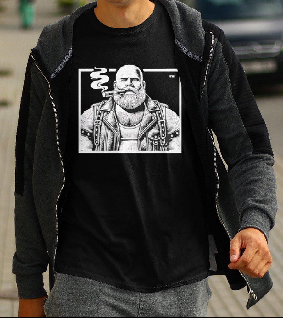 Cigar Daddy Bearded Biker In Leather Jacket T-Shirt