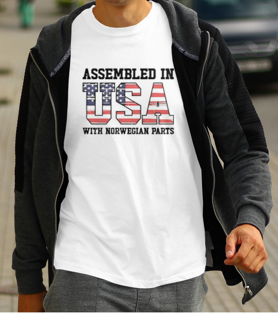 Assembled In USA Patriotic American Flag Design With Norwegian Parts T-Shirt