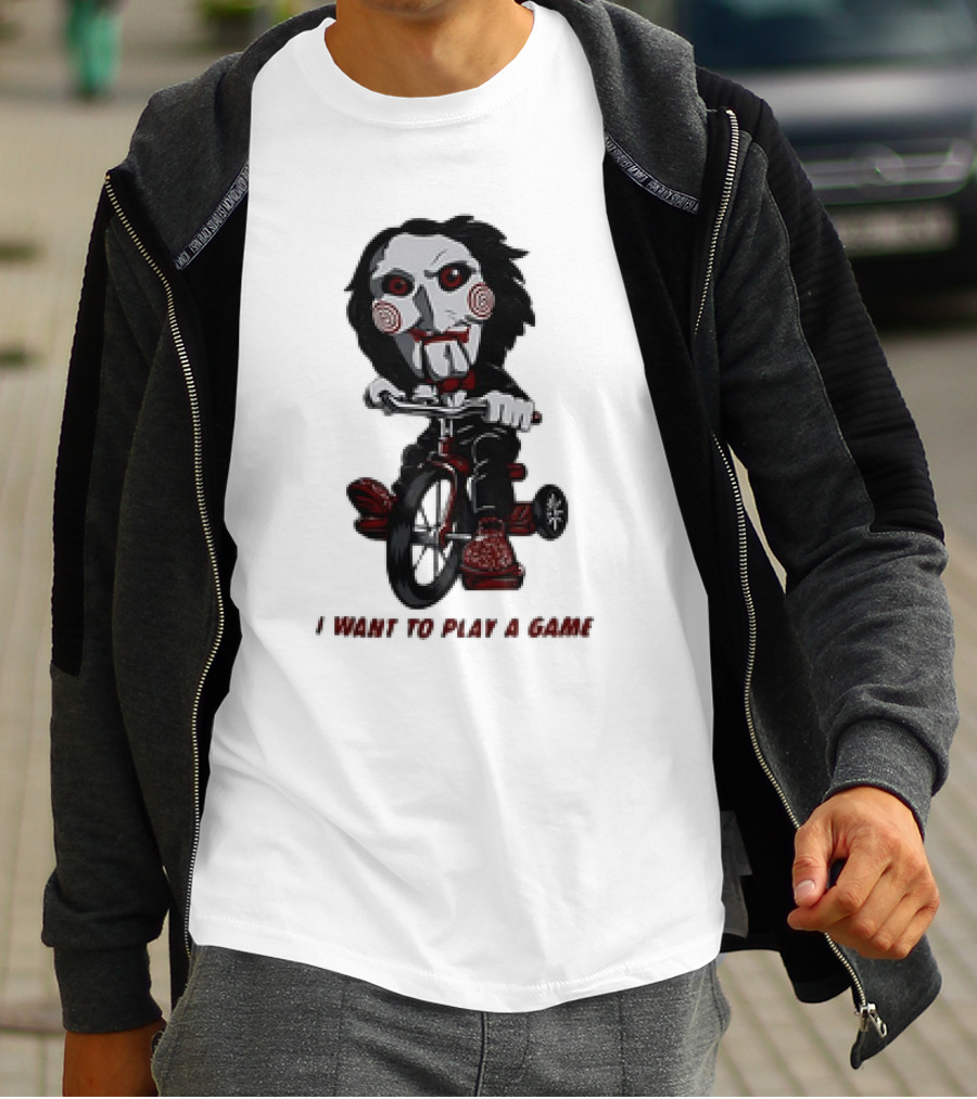 Saw Jigsaw I Want To Play A Game Tricycle Puppet Image T-Shirt