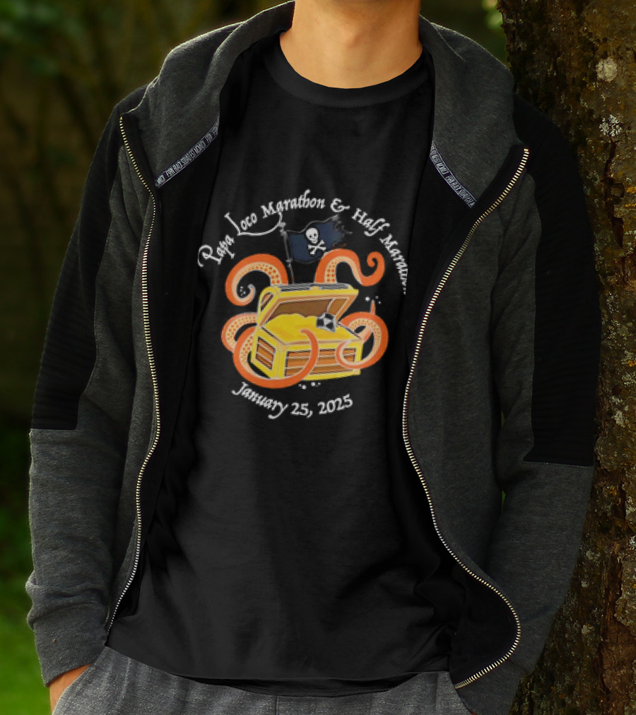 Papa Loco Marathon And Half Marathon January 25 2025 Pirate Treasure Chest With Octopus T-Shirt