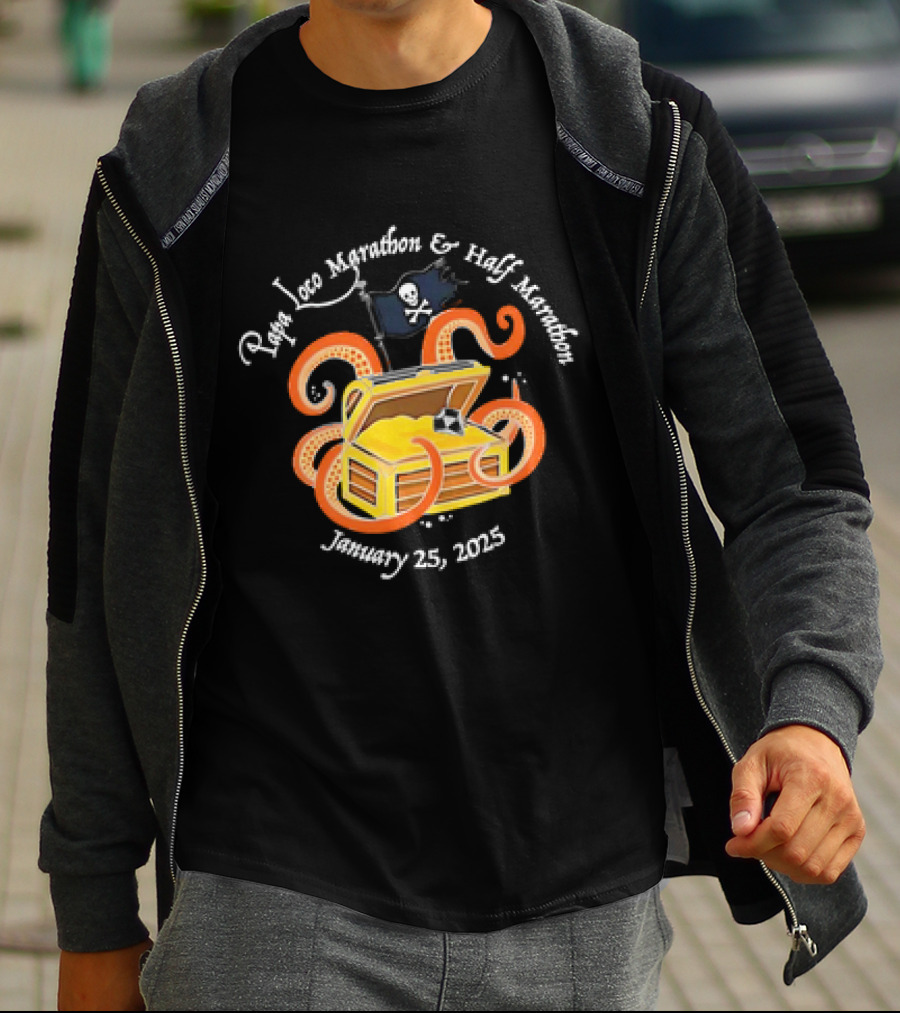 Papa Loco Marathon And Half Marathon January 25 2025 Pirate Treasure Chest With Octopus T-Shirt