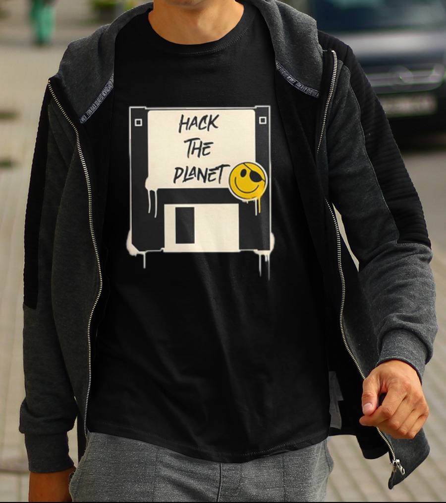 Hack The Planet Floppy Disk Smiley Face T-Shirt