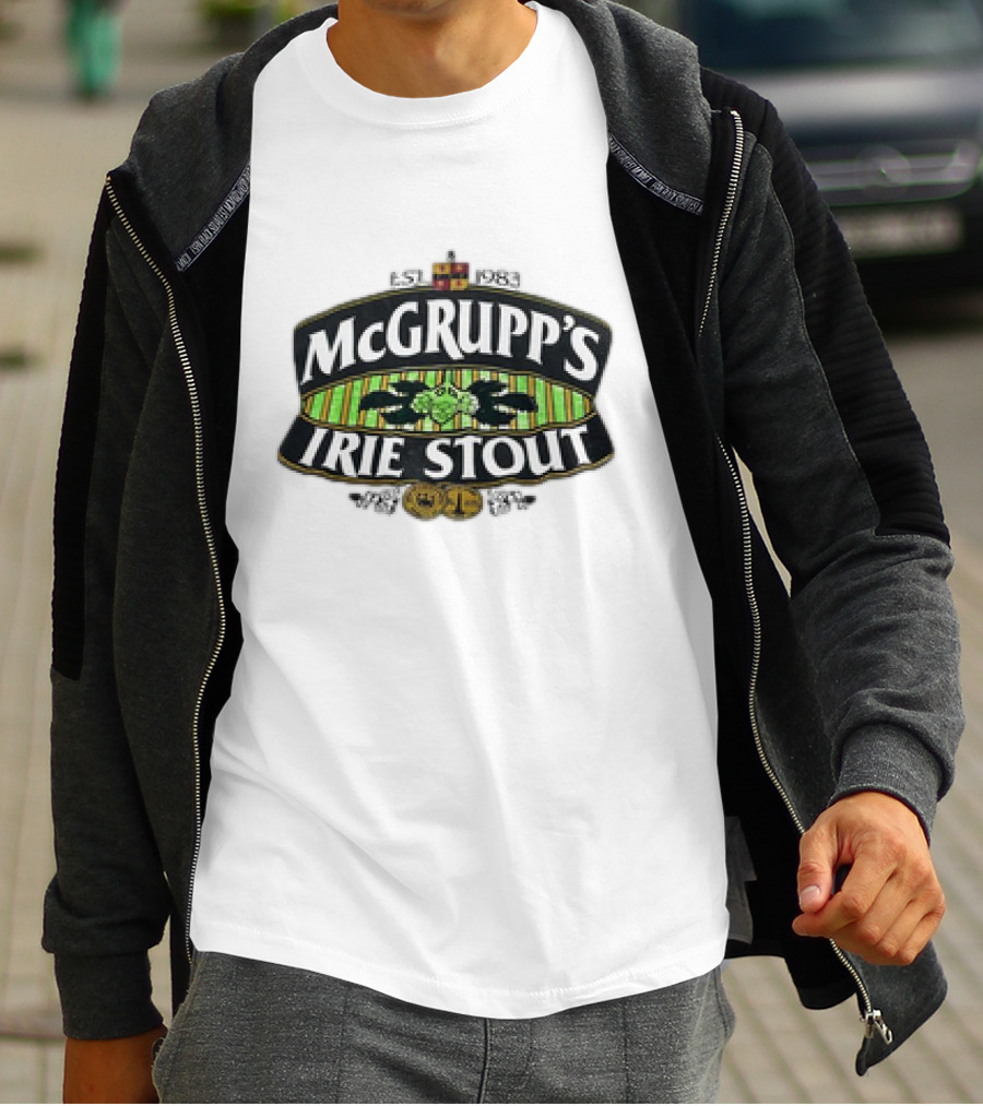 McGrupp's Irie Stout Est 1983 Logo With Green Striped Background And Emblem T-Shirt