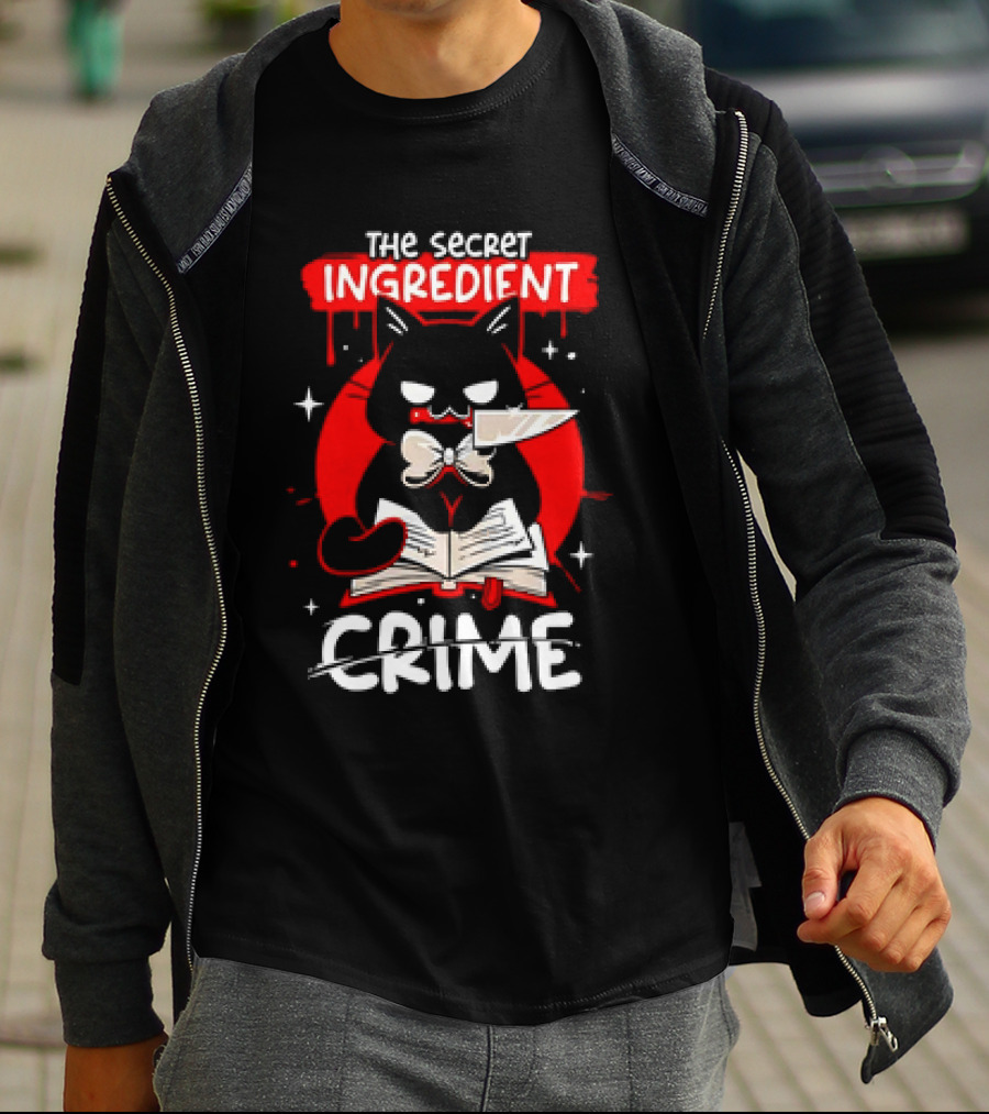 The Secret Ingredient Cat With Knife And Book Is Crime T-Shirt
