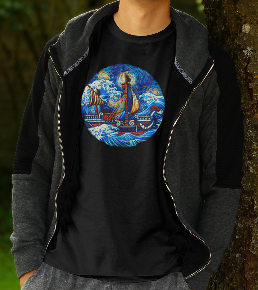 Going Merry One Piece Pirate Ship Van Gogh Wave T-Shirt