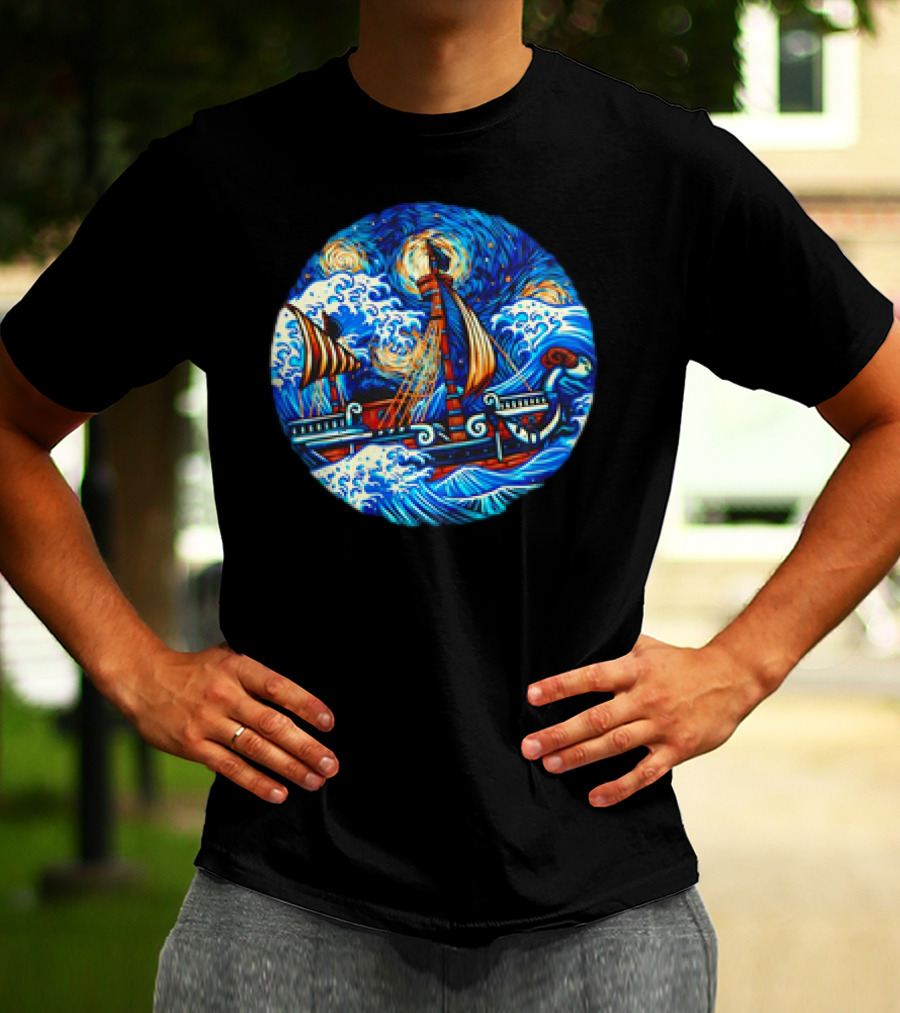 Going Merry One Piece Pirate Ship Van Gogh Wave T-Shirt