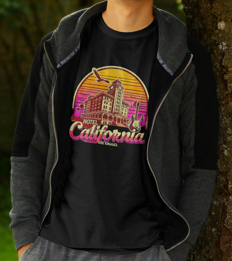 Hotel California The Eagles Sunset Art Deco Guitar And Seagulls T-Shirt