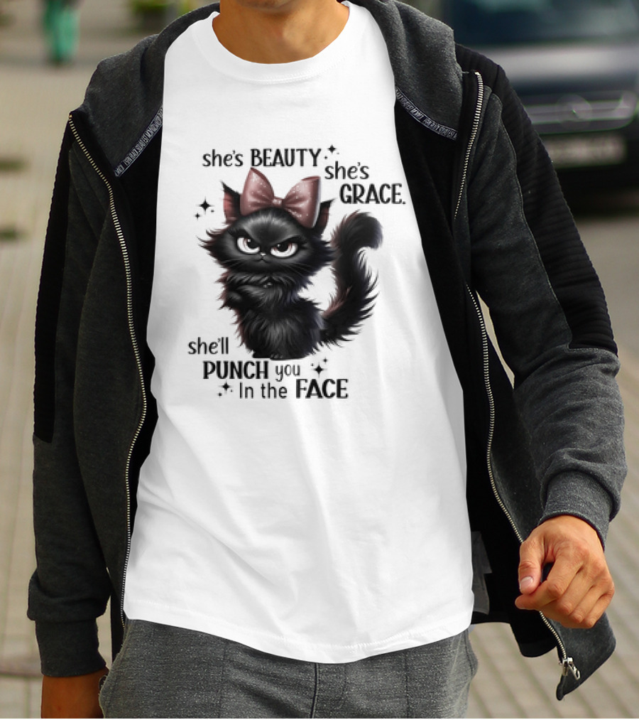 She's Beauty She's Grace She'll Punch You In The Face Black Cat With Bow And Sparkles T-Shirt