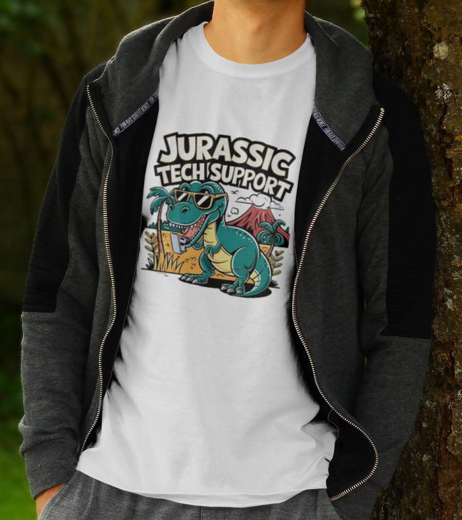 Jurassic Tech Support Dinosaur With Sunglasses And Volcano T-Shirt