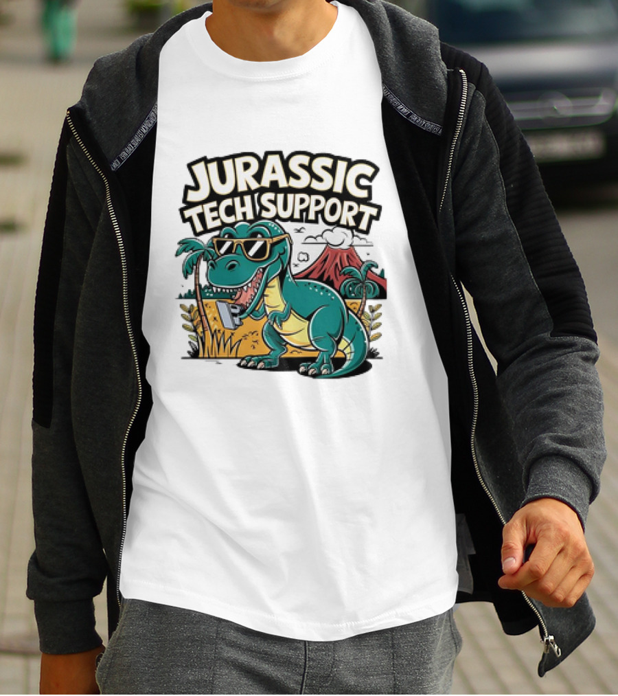 Jurassic Tech Support Dinosaur With Sunglasses And Volcano T-Shirt