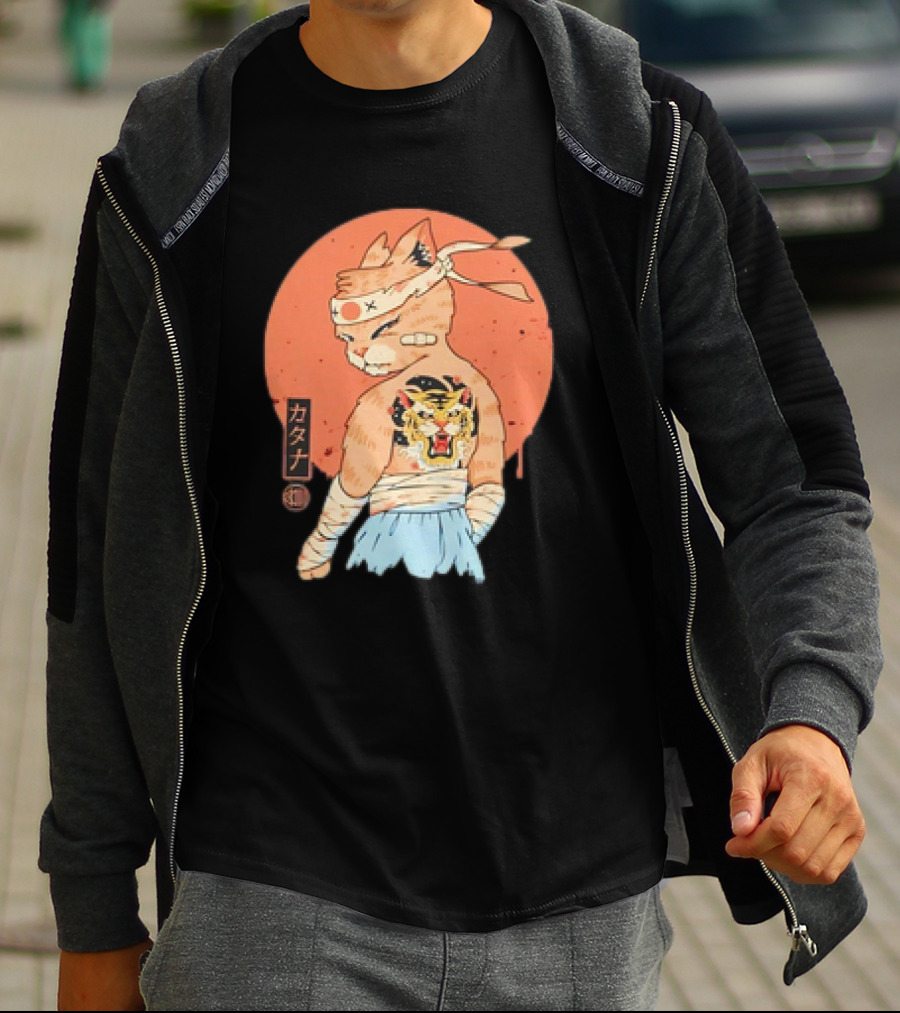 Samurai Cat Katana Battle Damage Japanese Tiger Tattoo T-Shirt