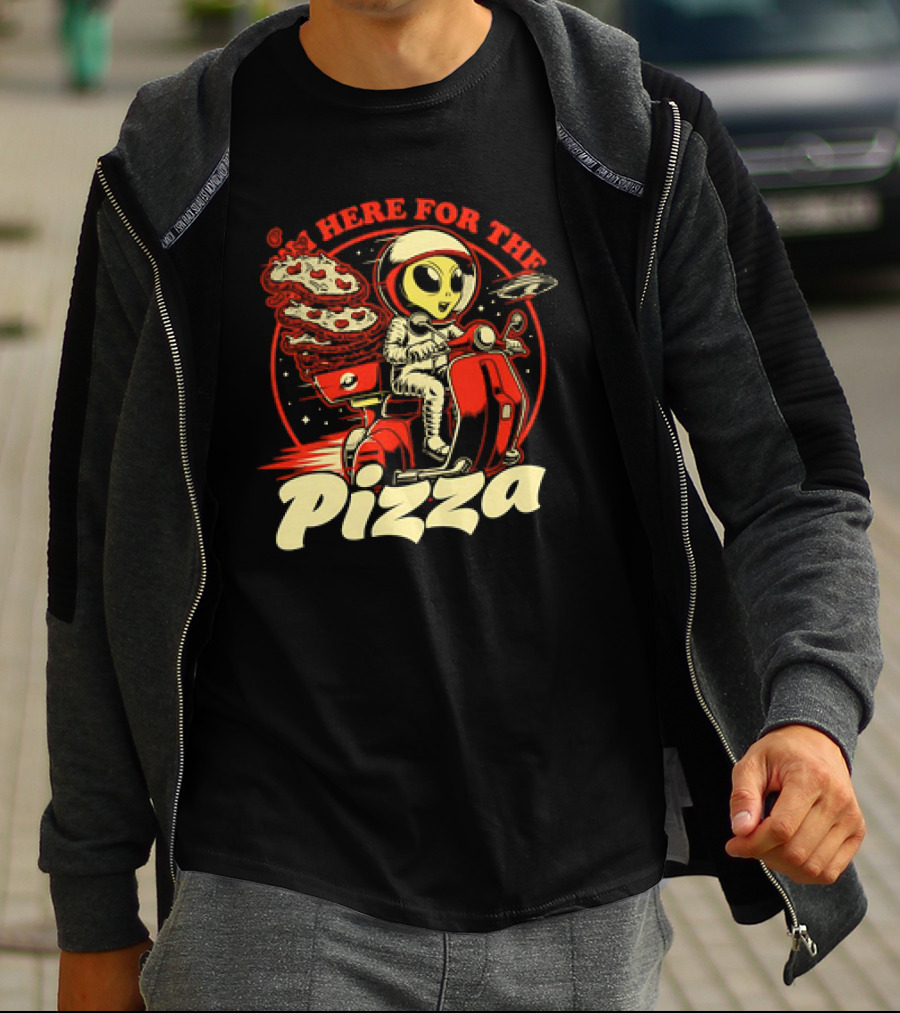 Space Pizza Delivery Alien Riding Scooter I'm Here For The Pizza T-Shirt