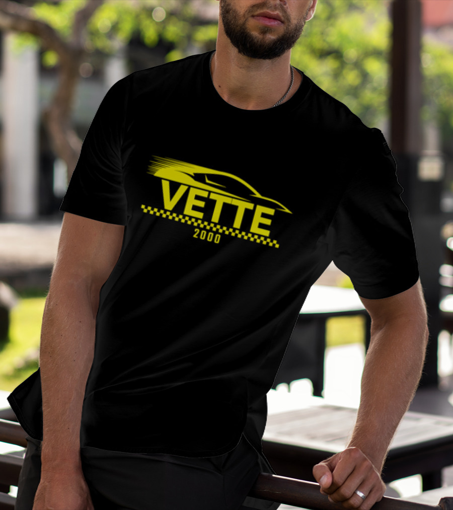 Vette 2000 Sports Car Yellow Silhouette And Checkered Stripe T-Shirt