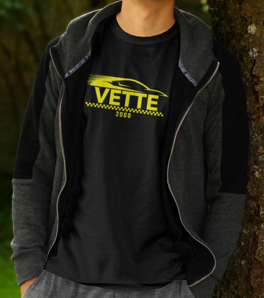 Vette 2000 Sports Car Yellow Silhouette And Checkered Stripe T-Shirt