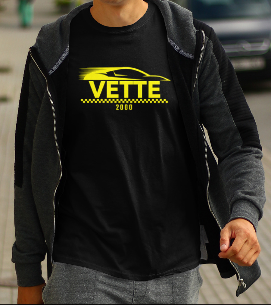 Vette 2000 Sports Car Yellow Silhouette And Checkered Stripe T-Shirt