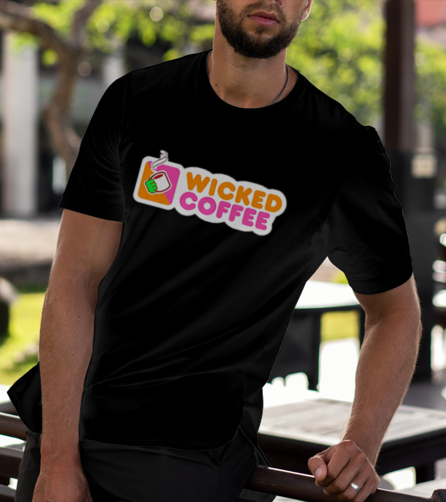Wicked Coffee With Steaming Cup Emoji In Bold Pink And Orange Letters T-Shirt