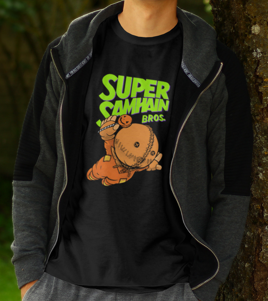Super Samhain Bros Trick ‘r Treat Sam Icon In Pumpkin Suit With Green And Orange Highlights T-Shirt