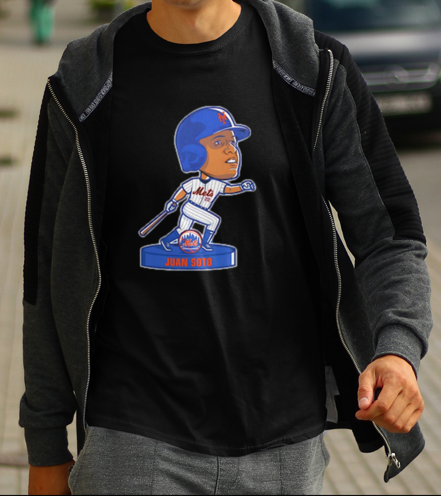 Juan Soto New York Mets Bobblehead Cartoon Mets Logo Baseball T-Shirt