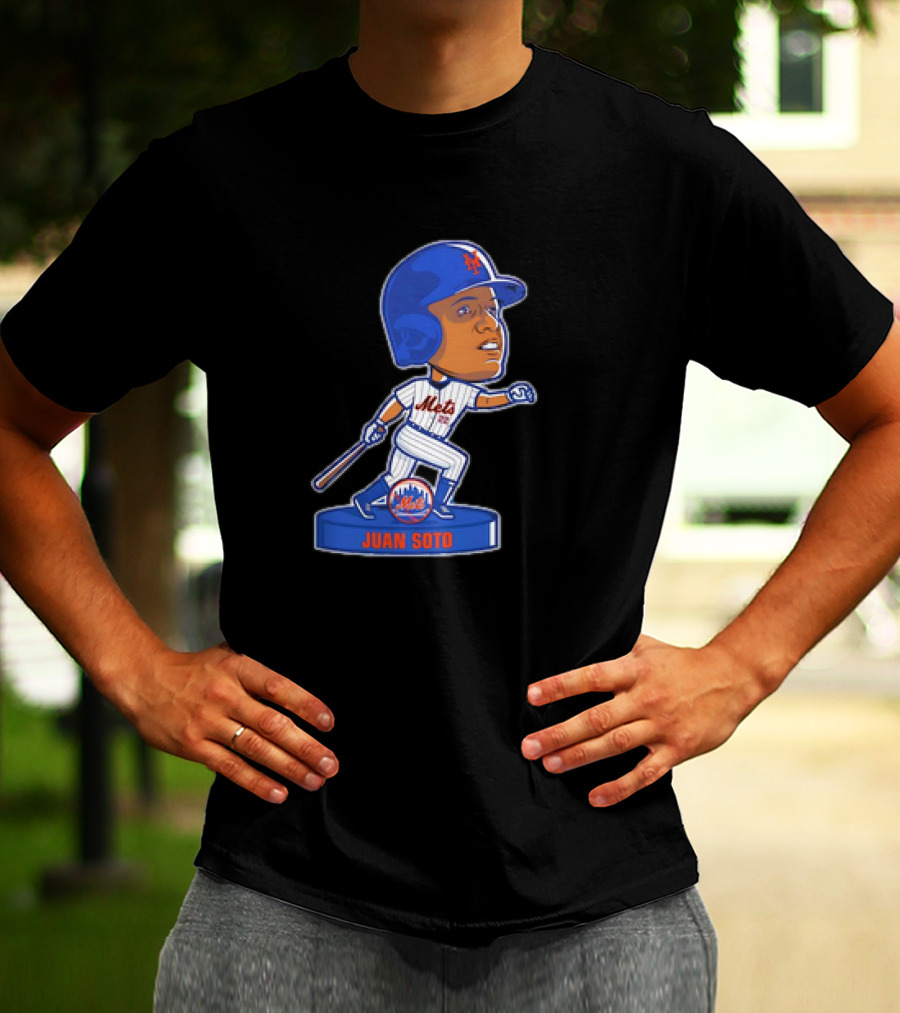 Juan Soto New York Mets Bobblehead Cartoon Mets Logo Baseball T-Shirt