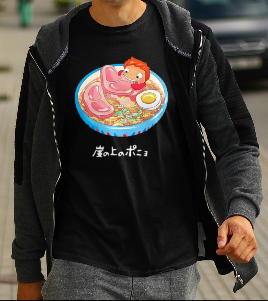 Ponyo Swims In Ramen Bowl With Egg And Noodles Japanese Text T-Shirt