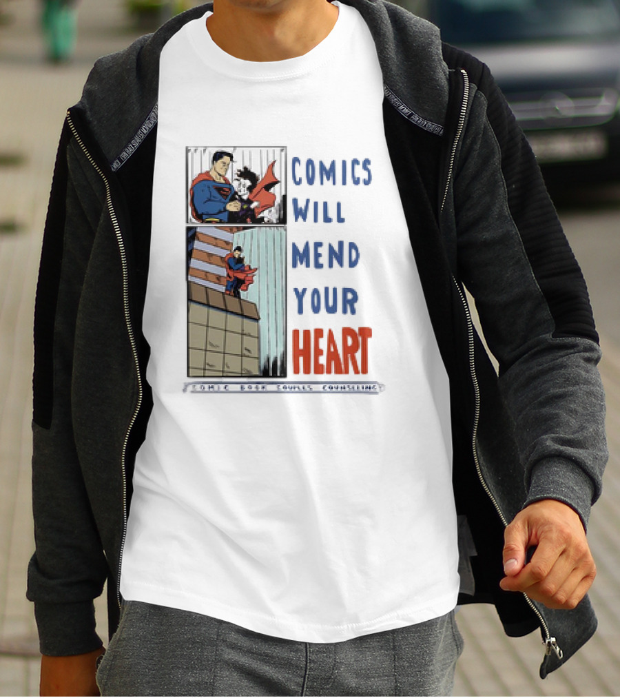 Comics Will Mend Your Heart Comic Book Couples Counseling Iconic Characters Embrace T-Shirt