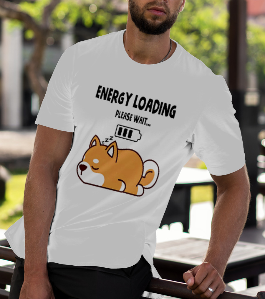 Shiba Inu Energy Loading Please Wait Battery Charging Sleepy Dog T-Shirt