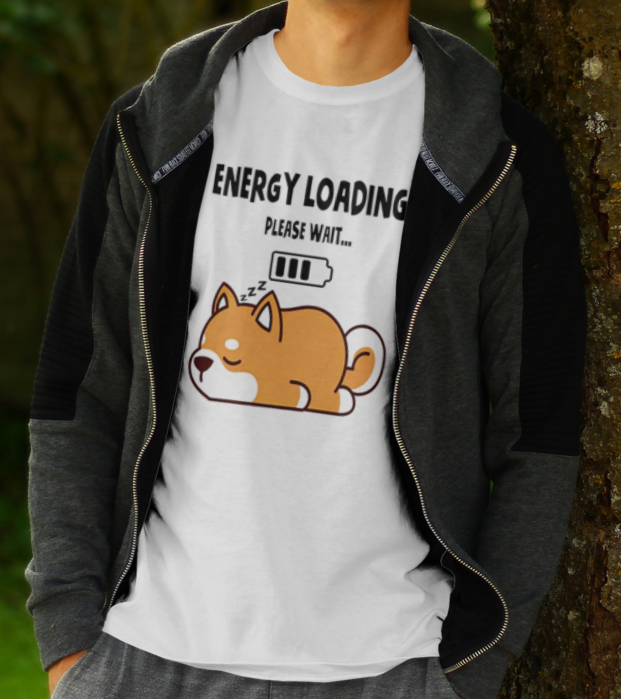 Shiba Inu Energy Loading Please Wait Battery Charging Sleepy Dog T-Shirt