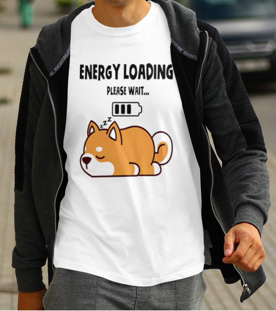 Shiba Inu Energy Loading Please Wait Battery Charging Sleepy Dog T-Shirt