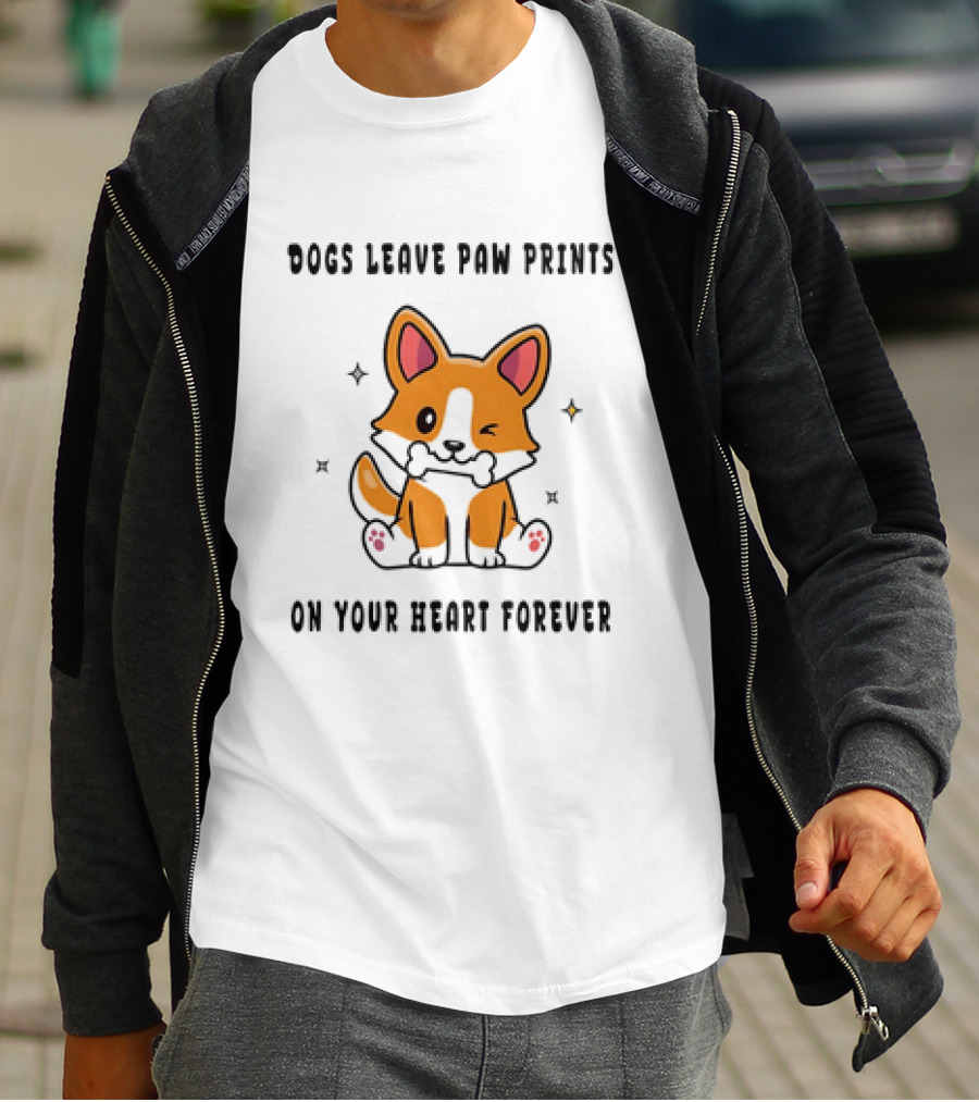 Dogs Leave Paw Prints On Your Heart Forever Shiba Inu Illustration With Bone And Stars T-Shirt