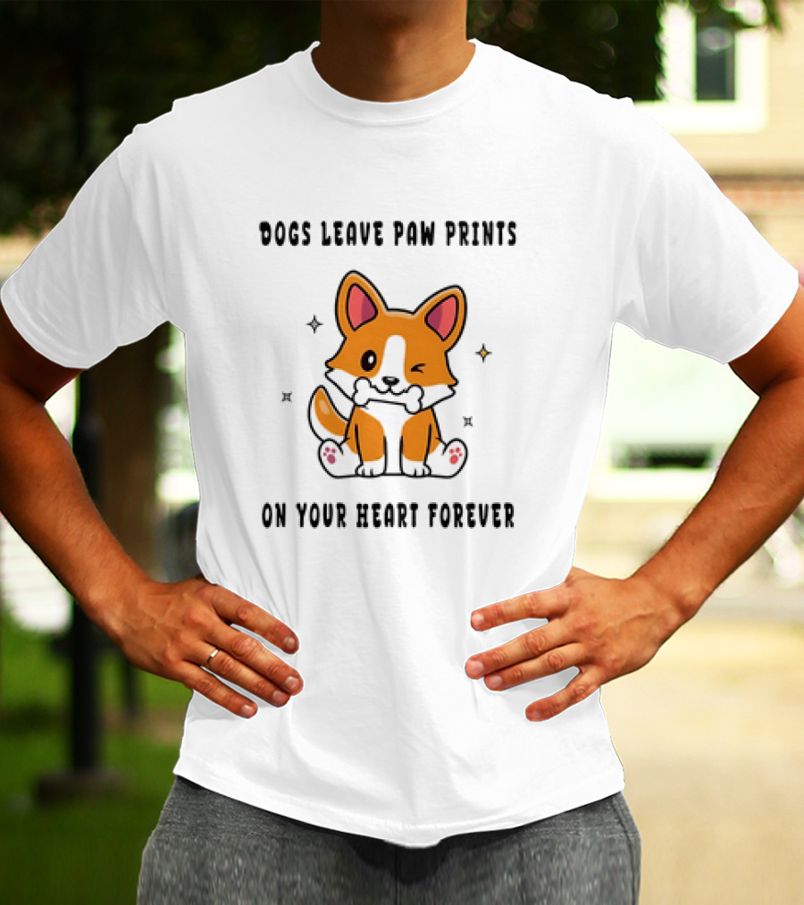 Dogs Leave Paw Prints On Your Heart Forever Shiba Inu Illustration With Bone And Stars T-Shirt