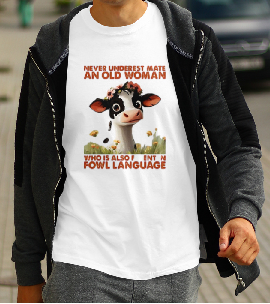 Never Underestimate An Old Woman Fluent In Fowl Language With Cow And Flowers T-Shirt