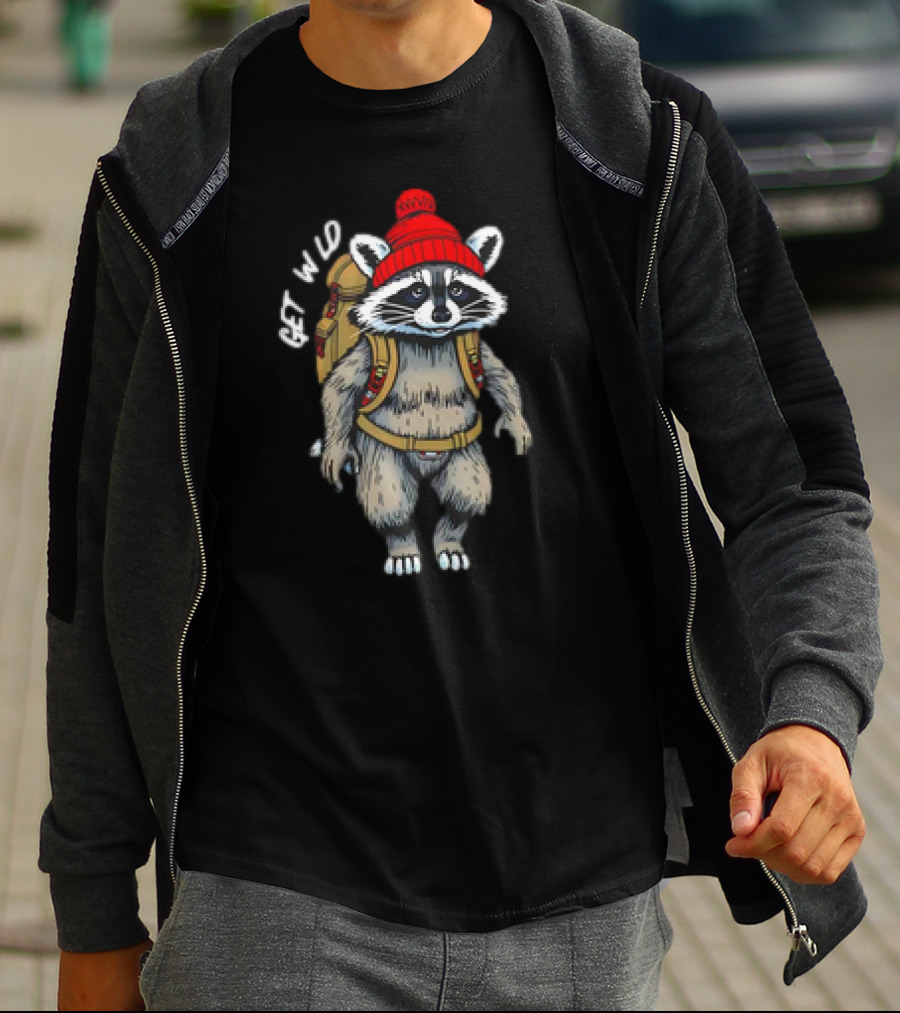 Get Wld Raccoon With Backpack And Red Beanie T-Shirt