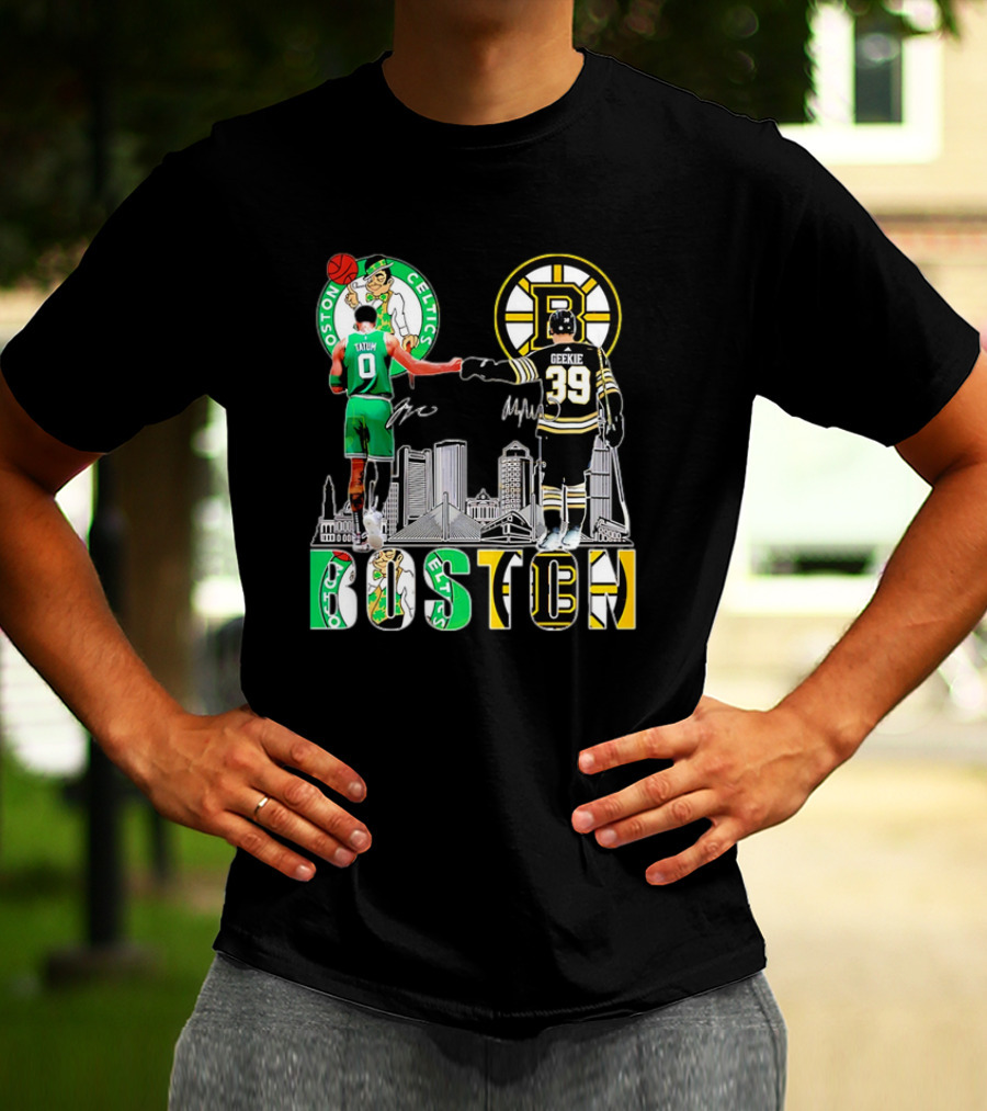 Boston Celtics Jayson Tatum Boston Bruins Morgan Geekie Signatures Skyline T-Shirt