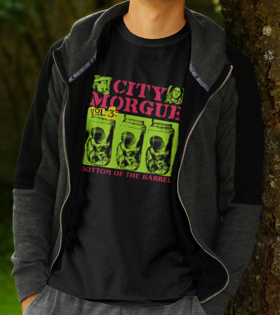 City Morgue Bottom Of The Barrel Green Neon Skeleton Illustrations T-Shirt